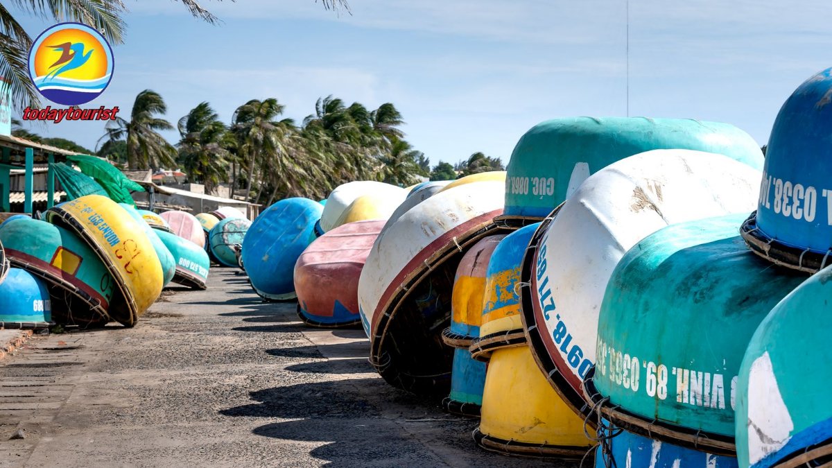 Rows of vibrant round boats on a sunny tropical beach with palm trees 